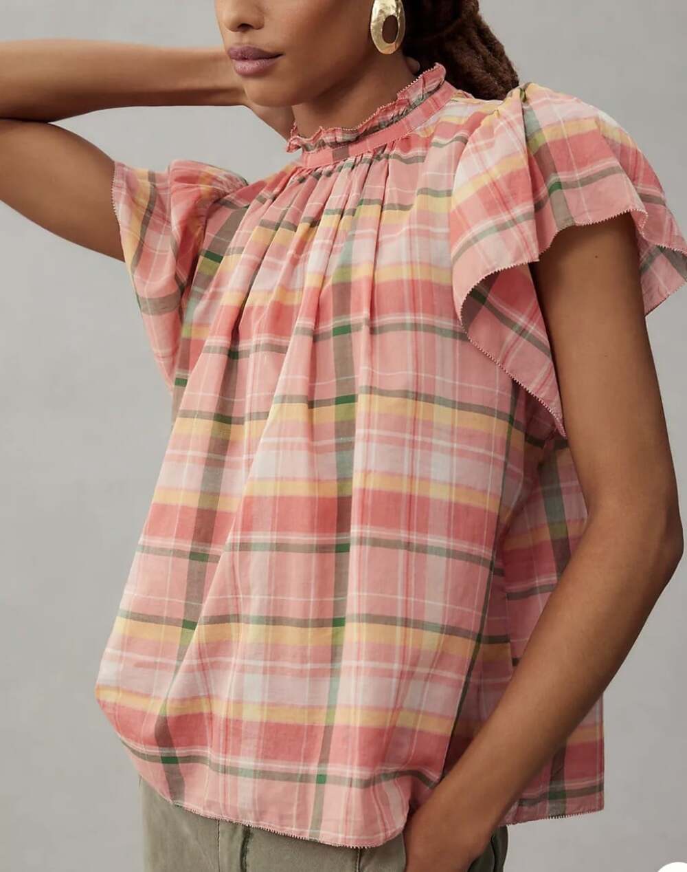 Trovata Birds Of Paradise Carla High Neck Medium Marmalade Plaid Flutter Sleeve